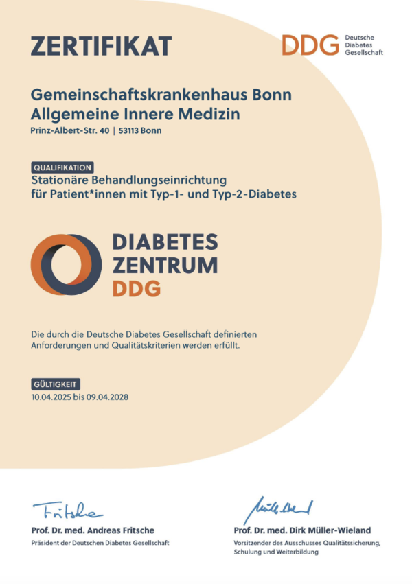 Zertifikat der Deutschen Diabetes Gesellschaft für das Gemeinschaftskrankenhaus Bonn Allgemeine Innere Medizin als Diabeteszentrum DDG