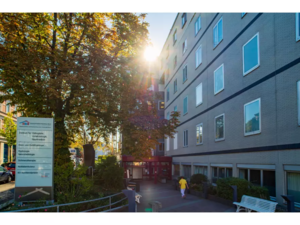 Mehrstöckiges Gebäude mit mehreren Fenstern neben einem Weg, auf dem zwei Personen gehen, im Hintergrund Sonne durch Bäume