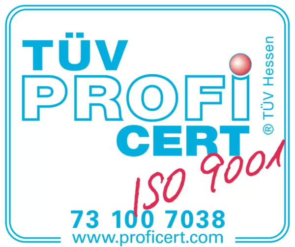 Logo mit dem Text 'TÜV PROFI CERT', 'ISO 9001' handschriftlich in Rot, '73 100 7038' und 'www.proficert.com', rechts vertikal '® TÜV Hessen'